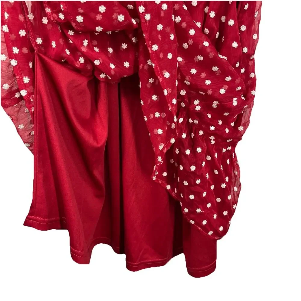 MIKAROSE Red White Daisy Mini Sundress XL Tie Shoulder Ruffles Cottagecore - Picture 6 of 12